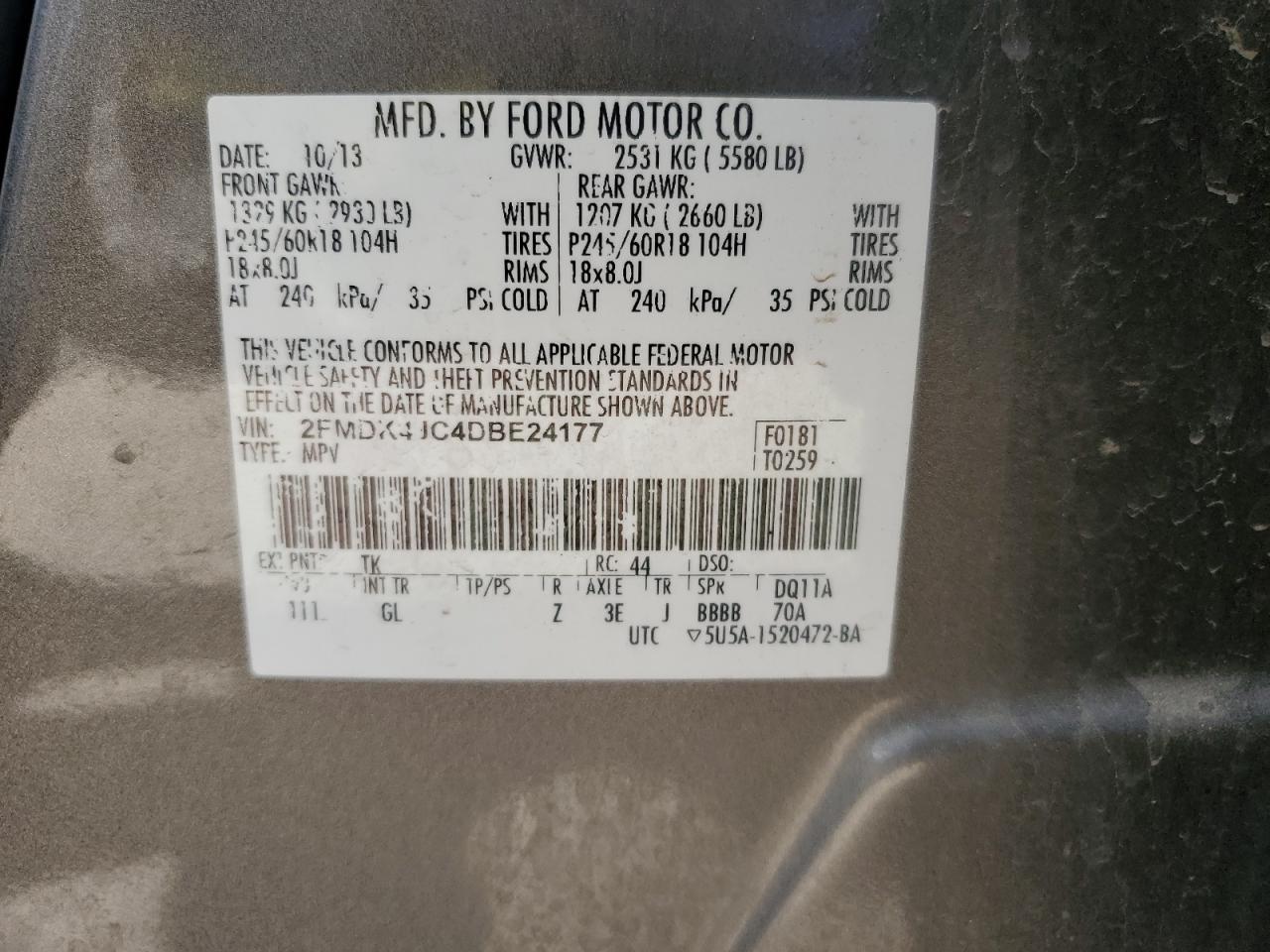 2013 Ford Edge Sel VIN: 2FMDK4JC4DBE24177 Lot: 62909935