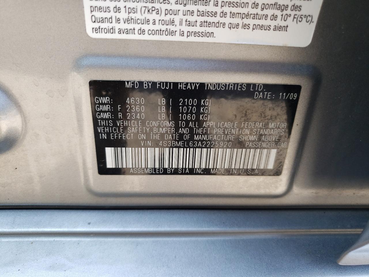 2010 Subaru Legacy 3.6R Limited VIN: 4S3BMEL63A2225920 Lot: 57818965