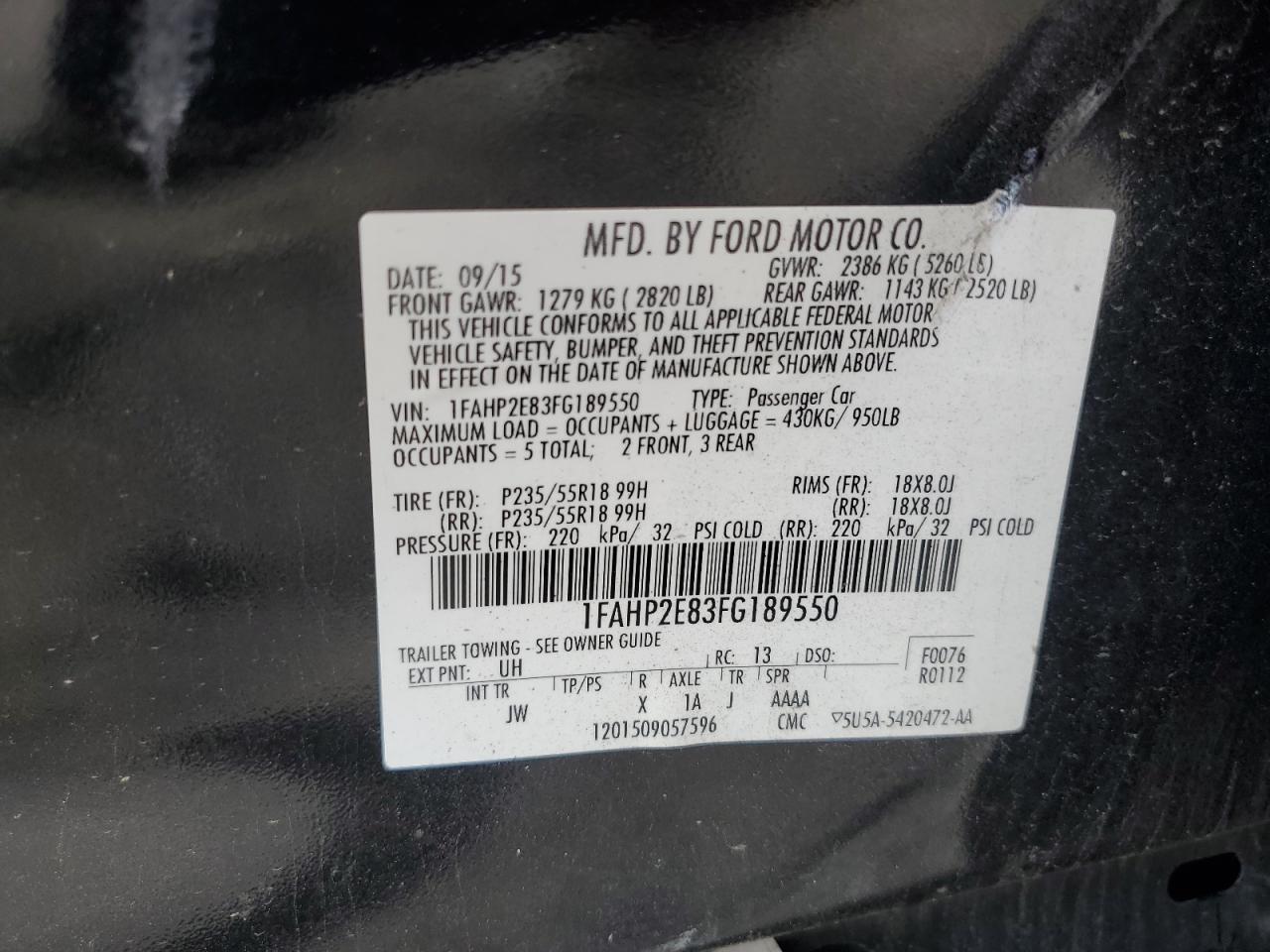 2015 Ford Taurus Sel VIN: 1FAHP2E83FG189550 Lot: 62693555