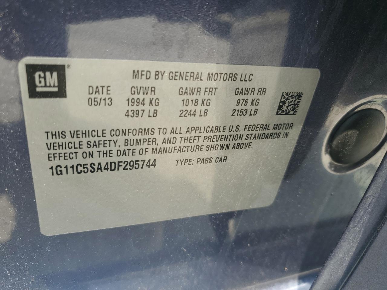 2013 Chevrolet Malibu 1Lt VIN: 1G11C5SA4DF295744 Lot: 58962035