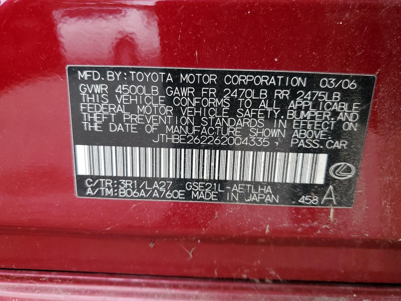 2006 Lexus Is 350 VIN: JTHBE262262004335 Lot: 62864025