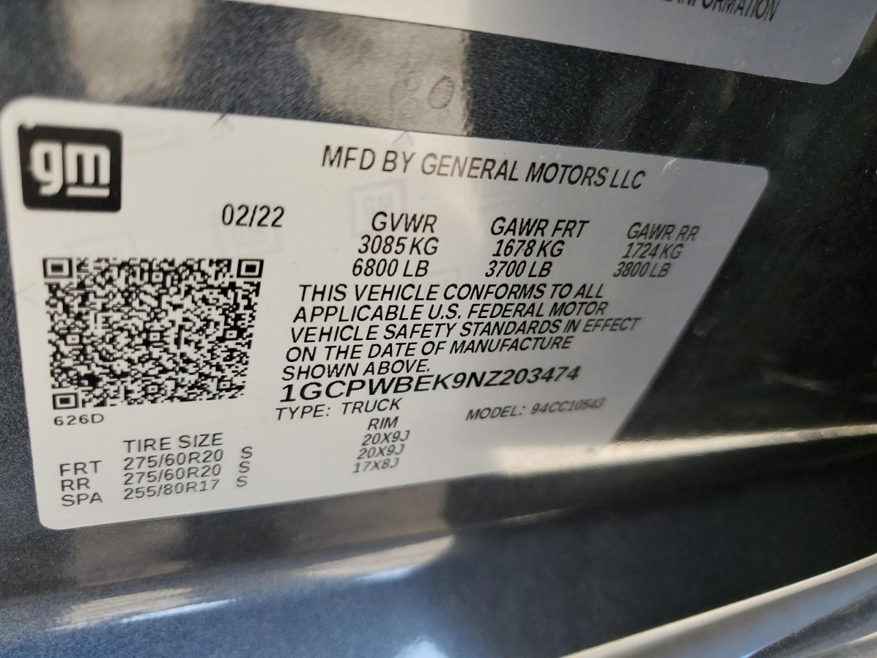 2022 Chevrolet Silverado Ltd C1500 Custom VIN: 1GCPWBEK9NZ203474 Lot: 62789935