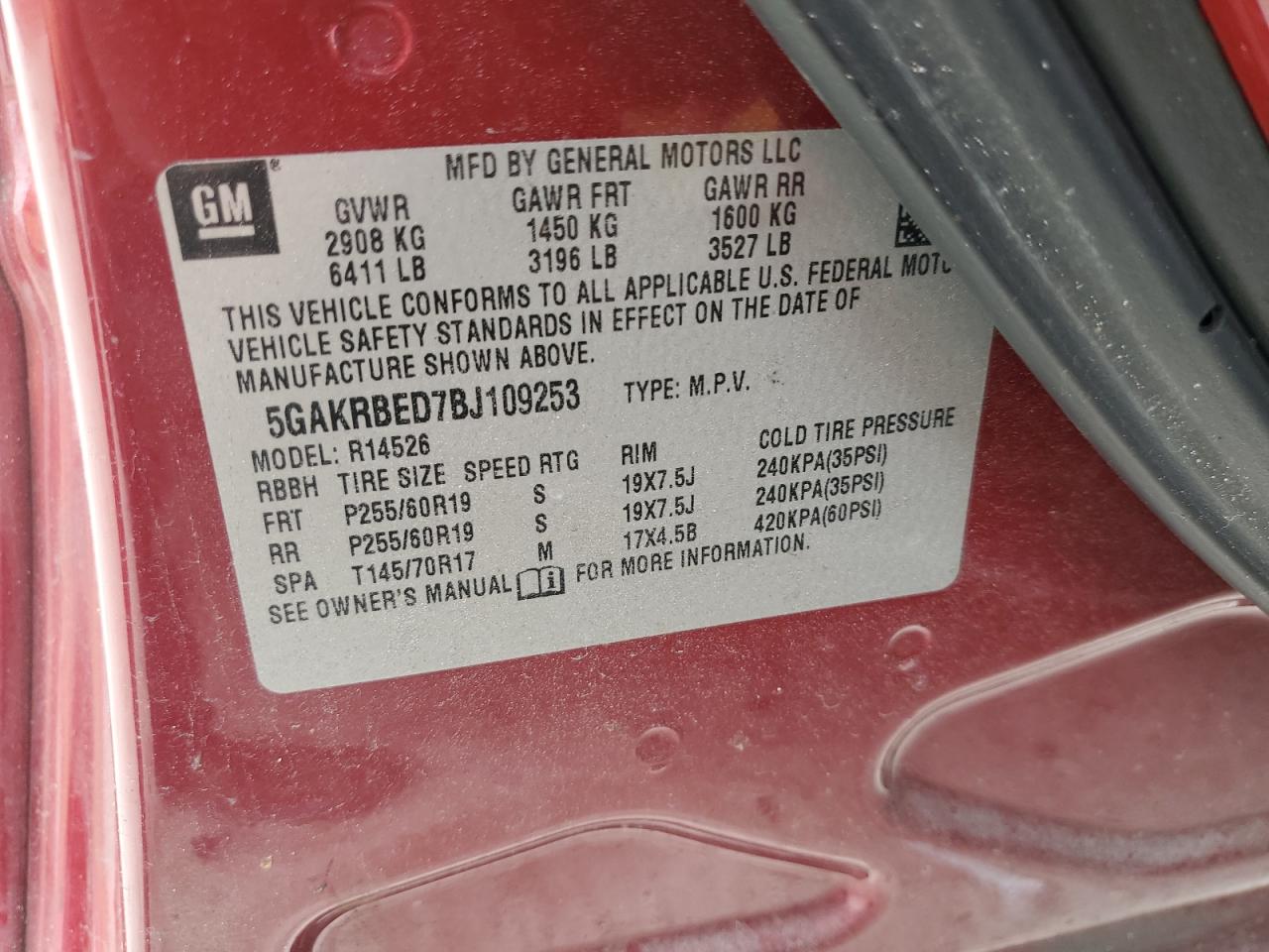 2011 Buick Enclave Cxl VIN: 5GAKRBED7BJ109253 Lot: 58939015
