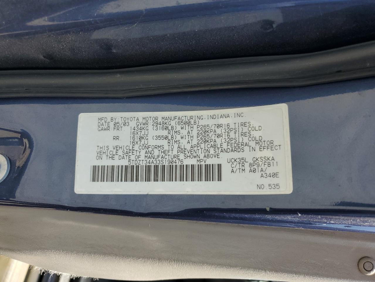 2003 Toyota Sequoia Sr5 VIN: 5TDZT34A33S190476 Lot: 61876175