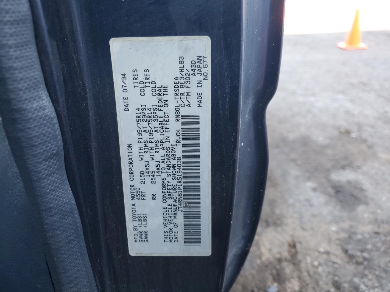 1994 Toyota Pickup 1/2 Ton Short Wheelbase Dx VIN: JT4RN81P1R5194038 Lot: 62742145