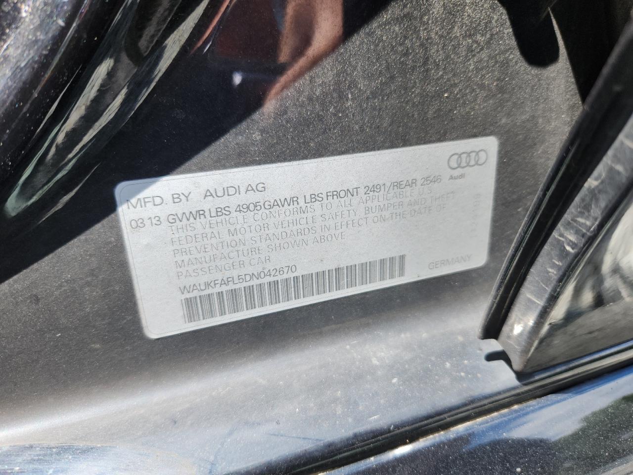 2013 Audi A4 Prestige VIN: WAUKFAFL5DN042670 Lot: 62731825