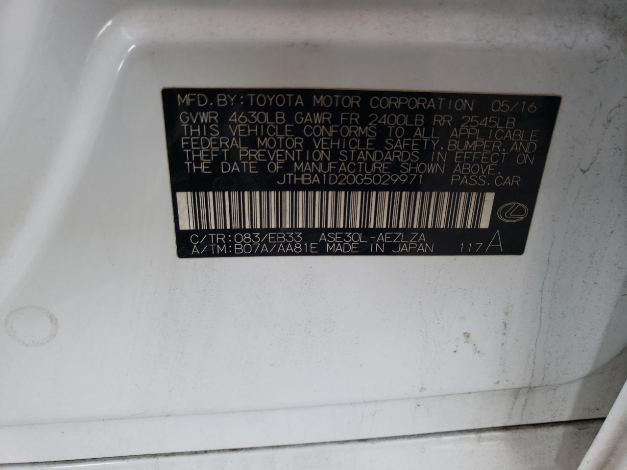 2016 Lexus Is 200T VIN: JTHBA1D20G5029971 Lot: 57646095