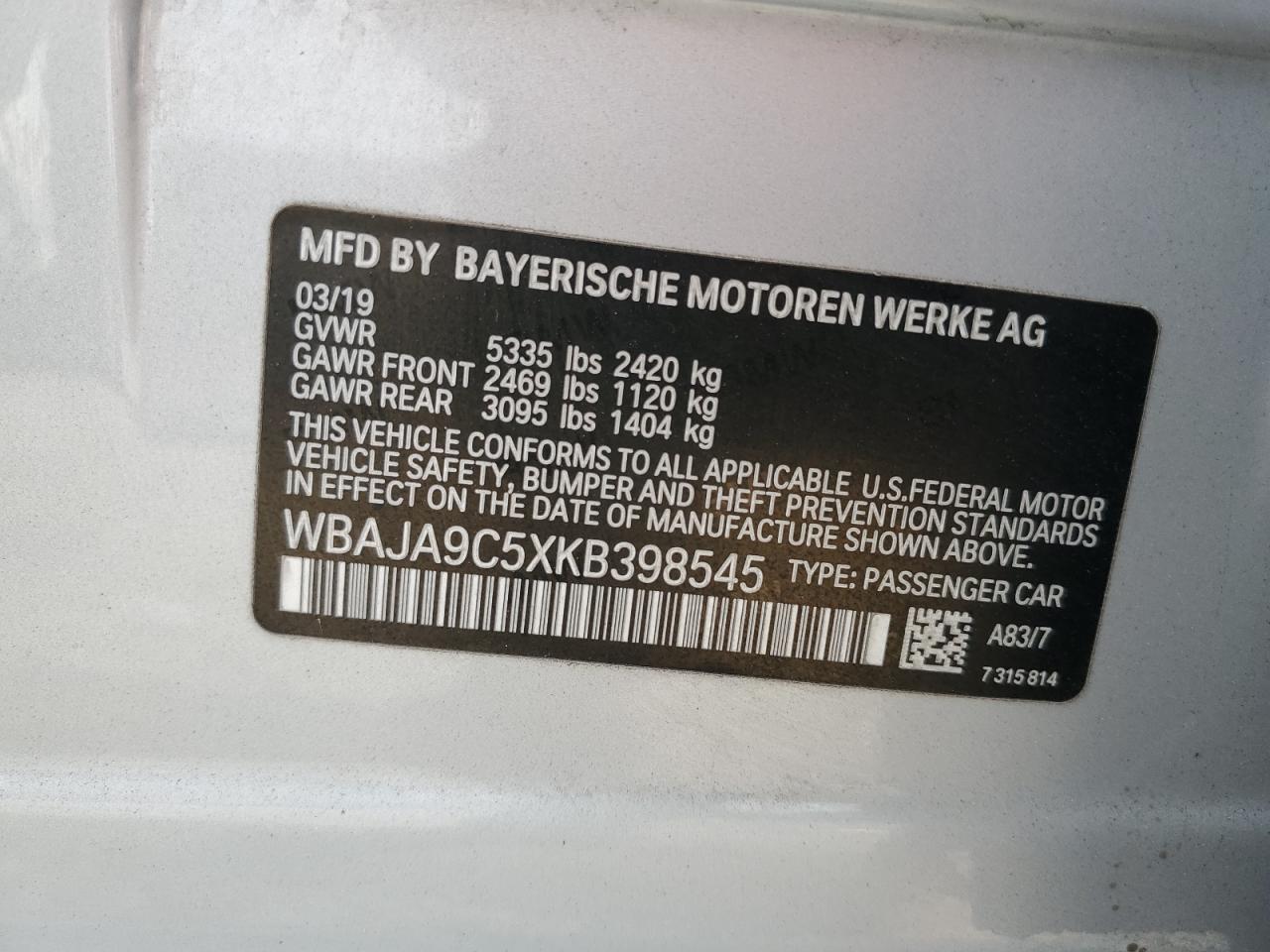 BMW 5 SERIES 2019 VIN WBAJA9C5XKB398545 фото 12