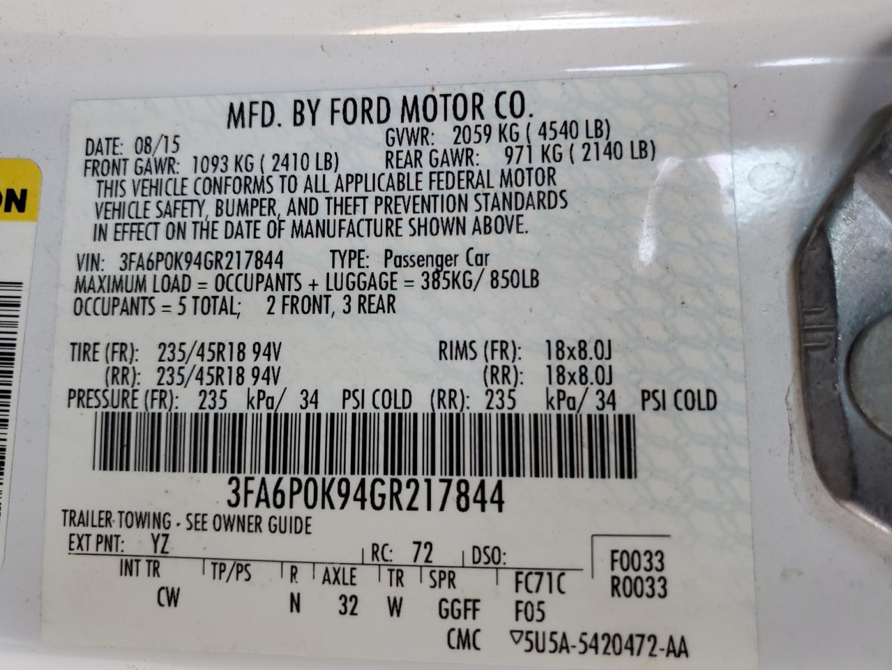 2016 Ford Fusion Titanium VIN: 3FA6P0K94GR217844 Lot: 62210495