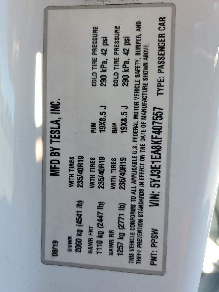 2019 Tesla Model 3 VIN: 5YJ3E1EA8KF407557 Lot: 61616035