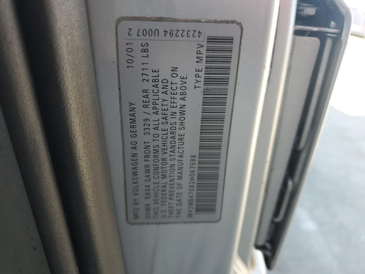 2002 Volkswagen Eurovan Mv VIN: WV2MB470X2H067588 Lot: 60744605