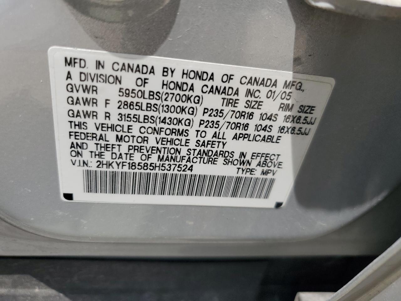2005 Honda Pilot Exl VIN: 2HKYF18585H537524 Lot: 61783545