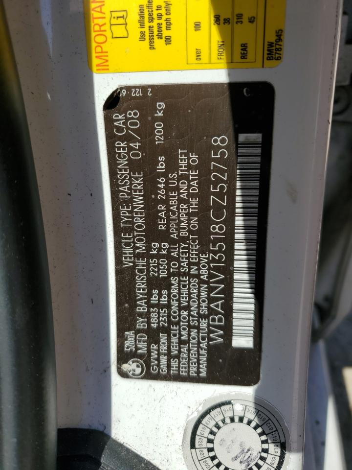 2008 BMW 528 Xi VIN: WBANV13518CZ52758 Lot: 62746085