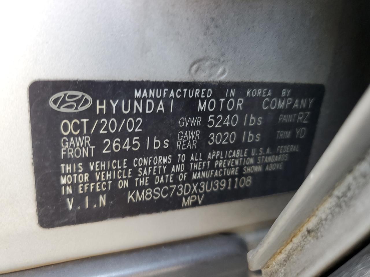 2003 Hyundai Santa Fe Gls VIN: KM8SC73DX3U391108 Lot: 60356315
