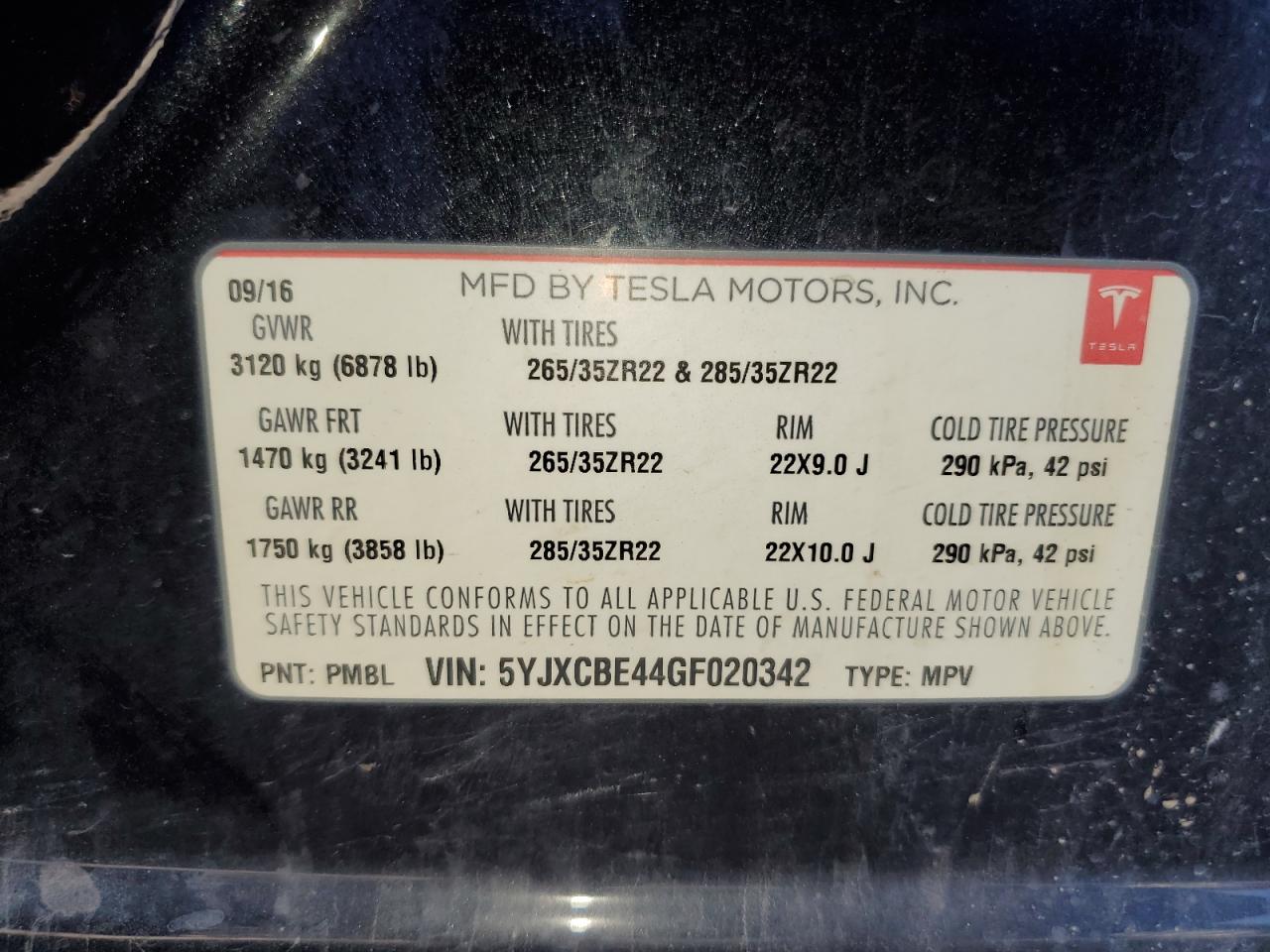 2016 Tesla Model X VIN: 5YJXCBE44GF020342 Lot: 61719085