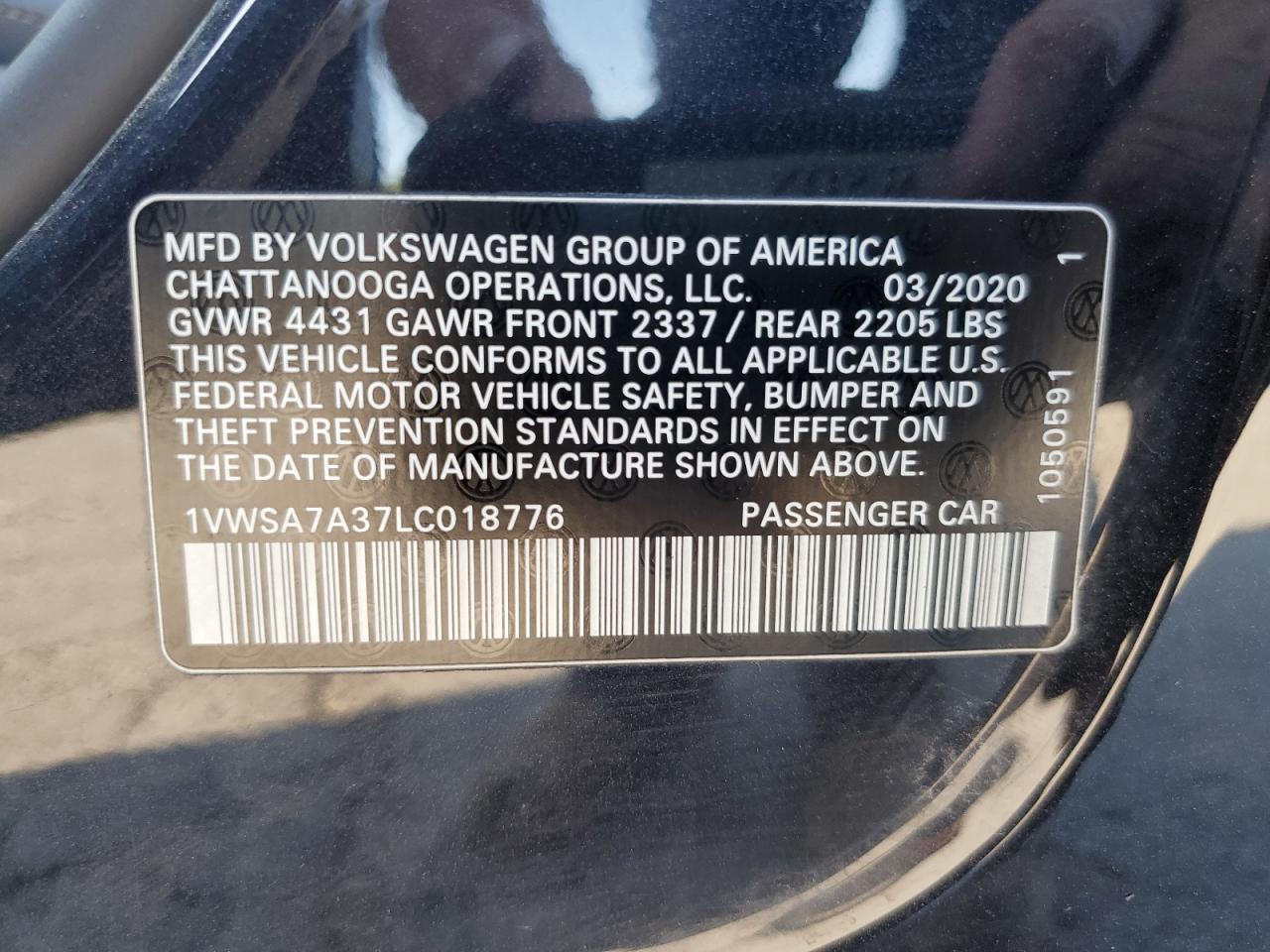2020 Volkswagen Passat Se VIN: 1VWSA7A37LC018776 Lot: 60843125