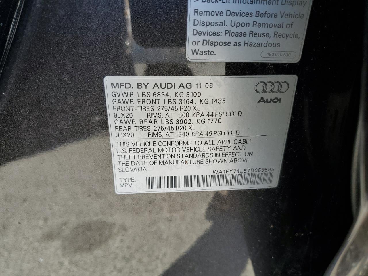 2007 Audi Q7 3.6 Quattro Premium S-Line VIN: WA1EY74L57D065595 Lot: 62612355