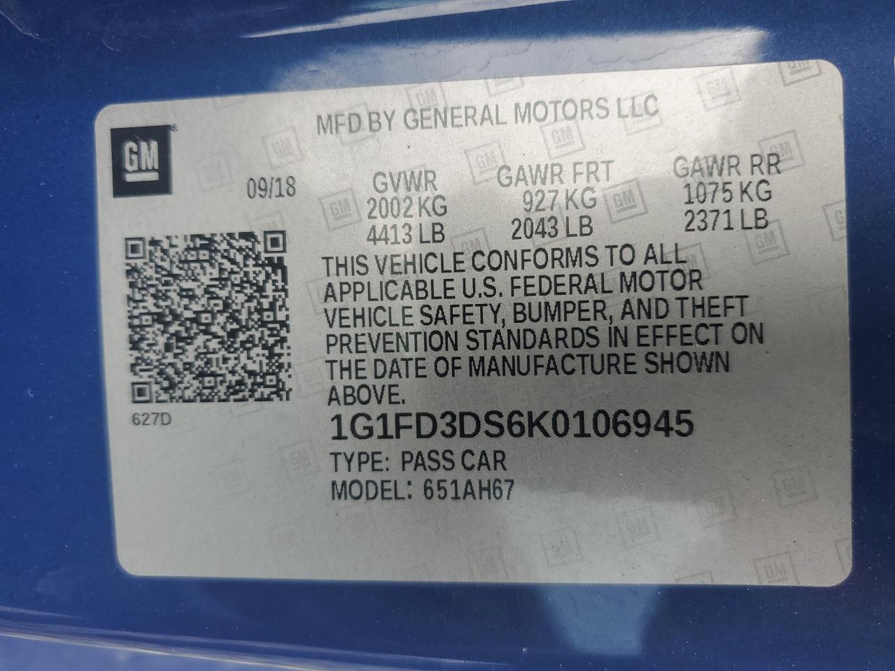 2019 Chevrolet Camaro Lt VIN: 1G1FD3DS6K0106945 Lot: 62503325