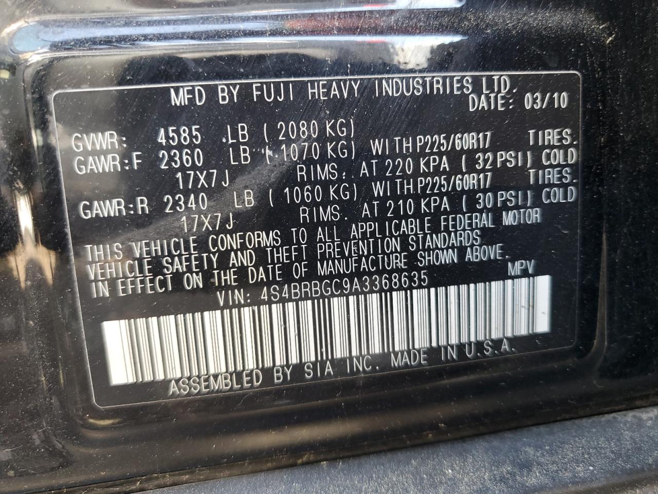 2010 Subaru Outback 2.5I Premium VIN: 4S4BRBGC9A3368635 Lot: 62368195