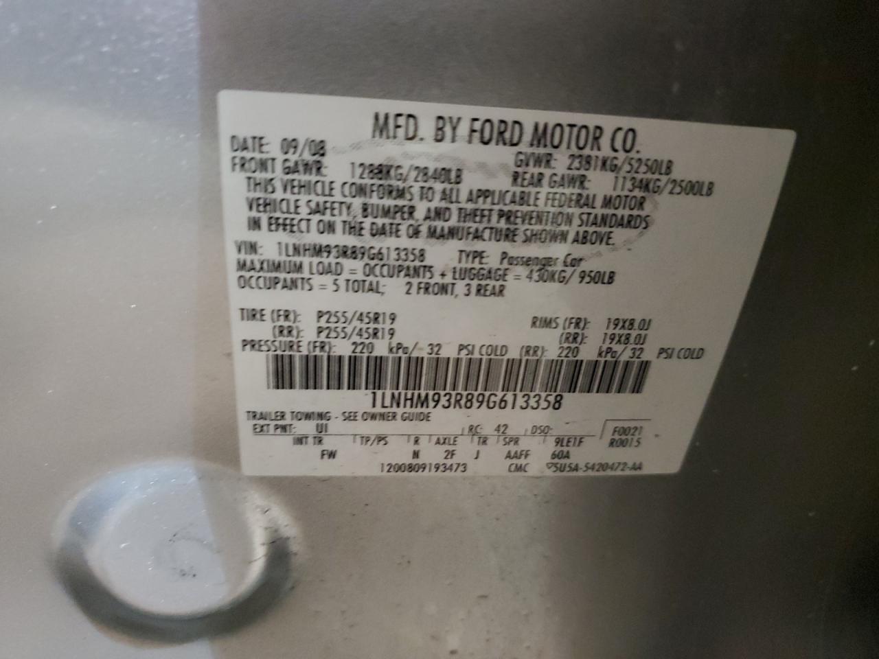 2009 Lincoln Mks VIN: 1LNHM93R89G613358 Lot: 60170065