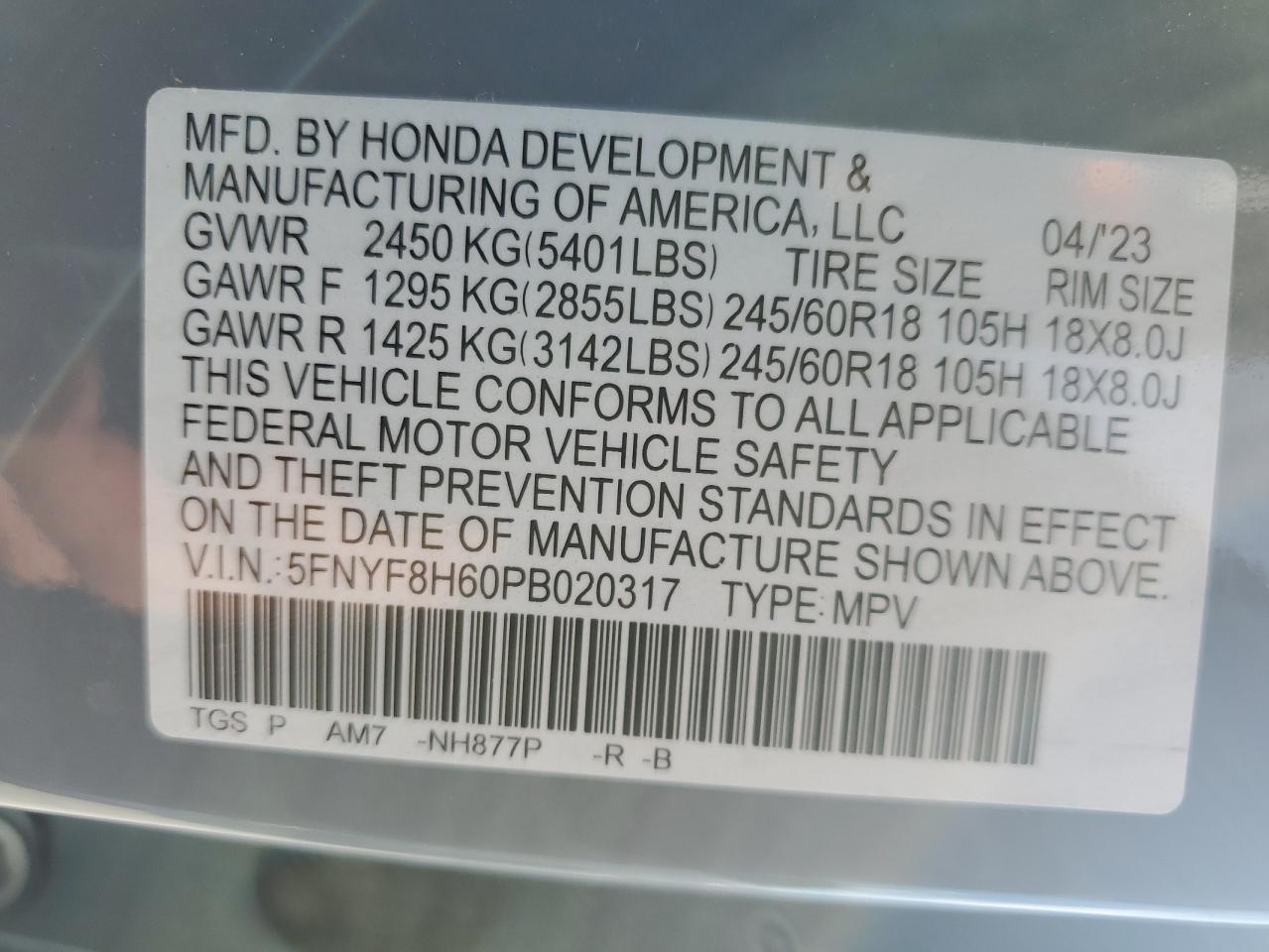 2023 Honda Passport Trail Sport VIN: 5FNYF8H60PB020317 Lot: 61548195