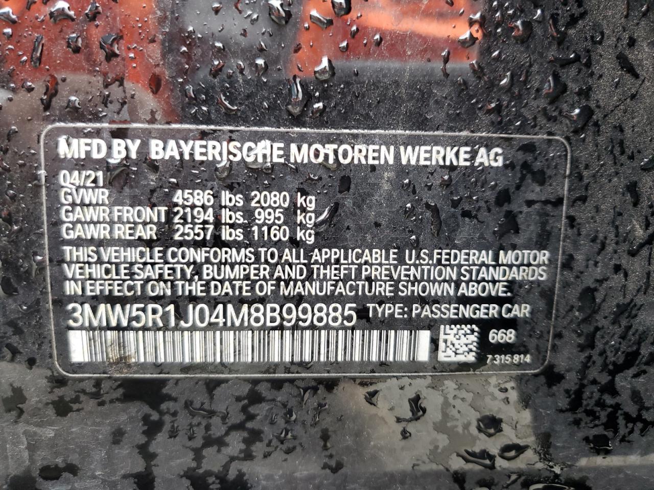 2021 BMW 330I VIN: 3MW5R1J04M8B99885 Lot: 58848555