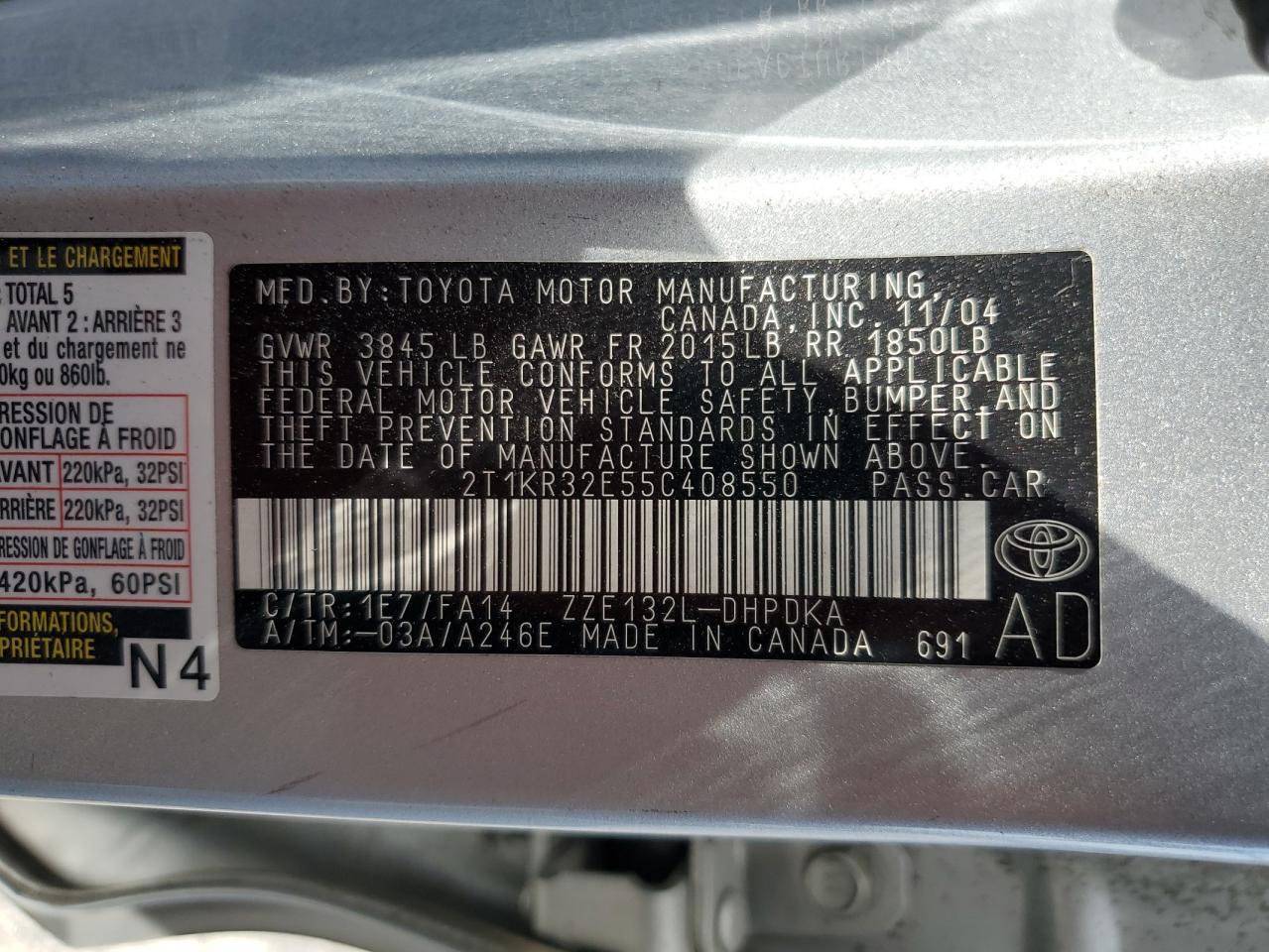 2005 Toyota Corolla Matrix Xr VIN: 2T1KR32E55C408550 Lot: 61102305
