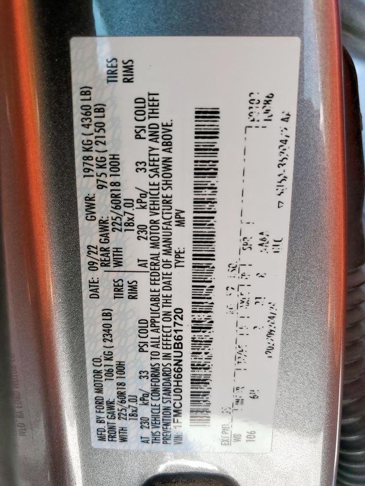 2022 Ford Escape Sel VIN: 1FMCU0H66NUB61720 Lot: 62029575