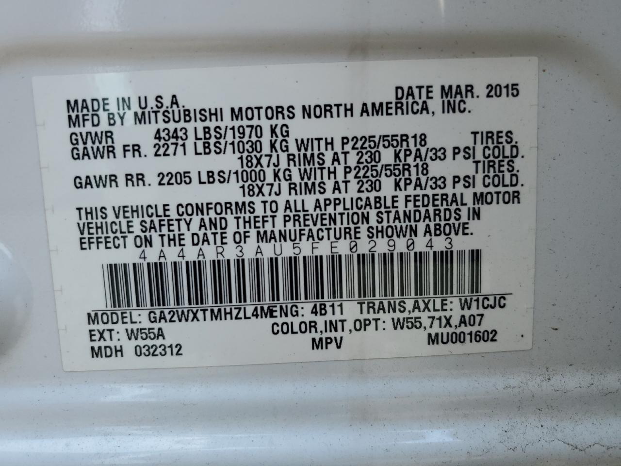 2015 Mitsubishi Outlander Sport Es VIN: 4A4AR3AU5FE029043 Lot: 62920835