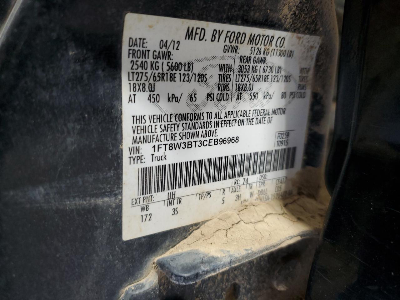 2012 Ford F350 Super Duty VIN: 1FT8W3BT3CEB96968 Lot: 59980965