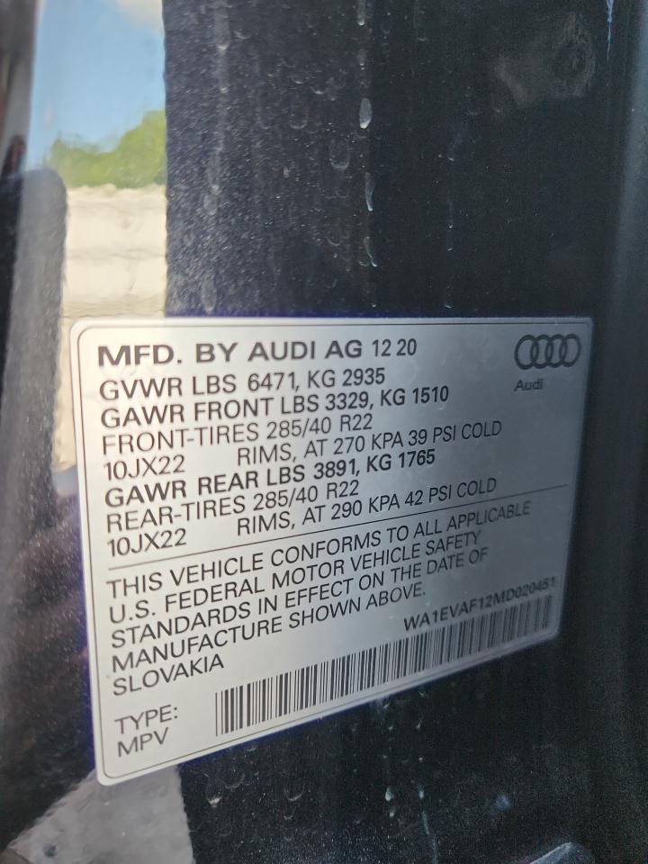 2021 Audi Q8 Premium Plus S-Line VIN: WA1EVAF12MD020451 Lot: 62409565