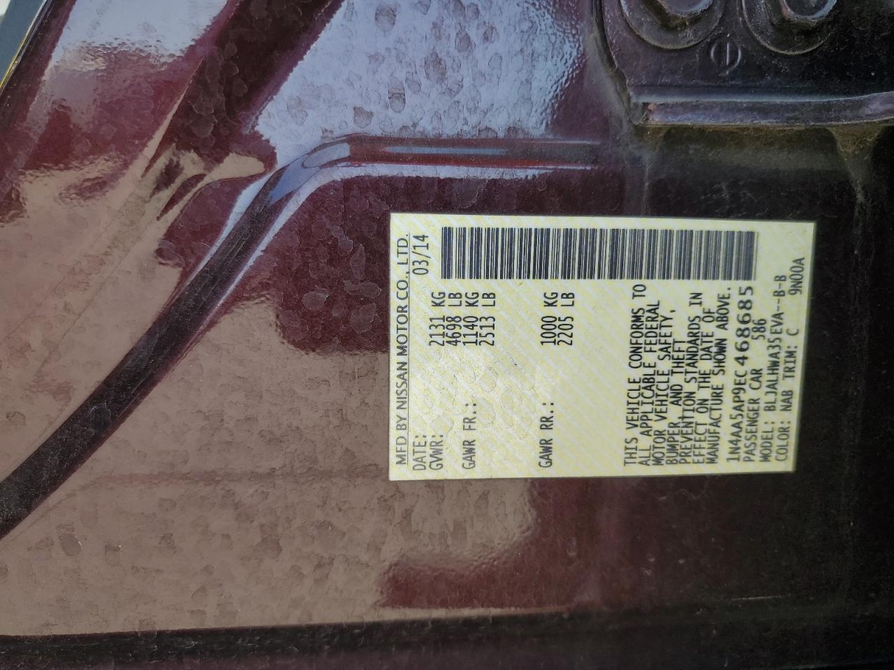 2014 Nissan Maxima S VIN: 1N4AA5AP9EC468685 Lot: 62609475