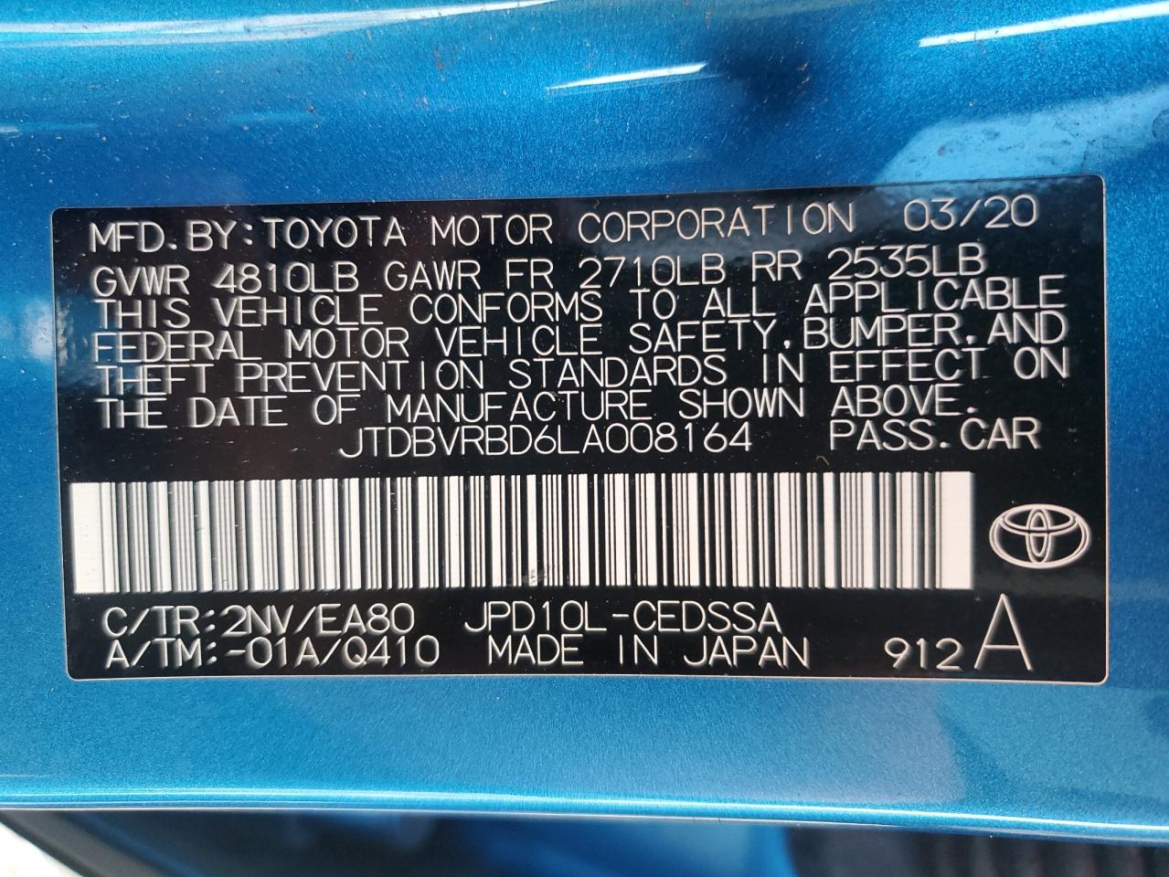 2020 Toyota Mirai VIN: JTDBVRBD6LA008164 Lot: 62593465