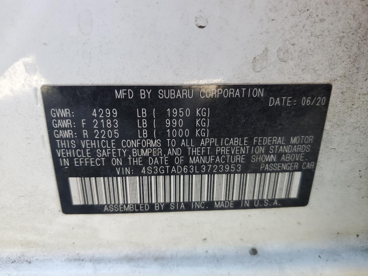 2020 Subaru Impreza Premium VIN: 4S3GTAD63L3723953 Lot: 62347945