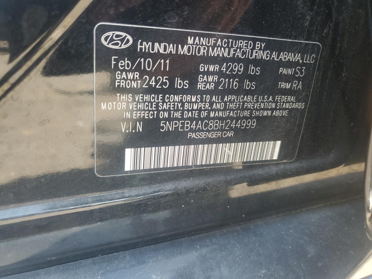 HYUNDAI SONATA 2011 VIN 5NPEB4AC8BH244999 фото 12