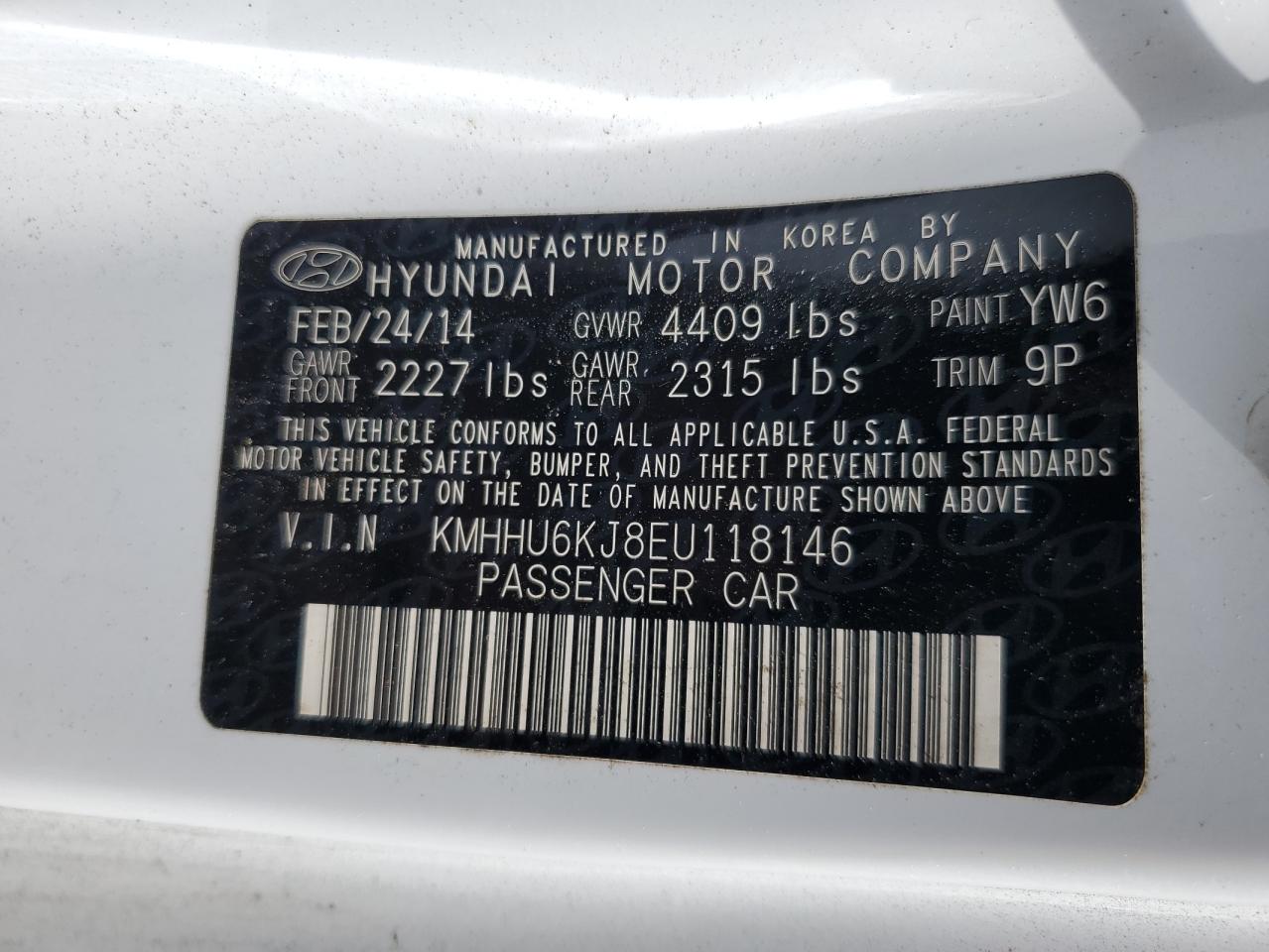2014 Hyundai Genesis Coupe 3.8L VIN: KMHHU6KJ8EU118146 Lot: 61331655