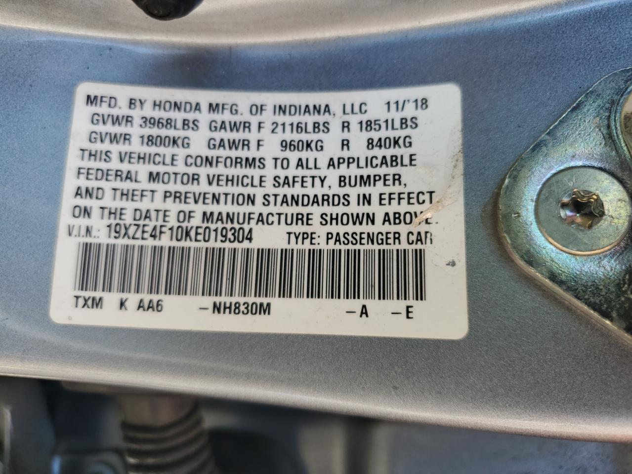 2019 Honda Insight Lx VIN: 19XZE4F10KE019304 Lot: 62937515