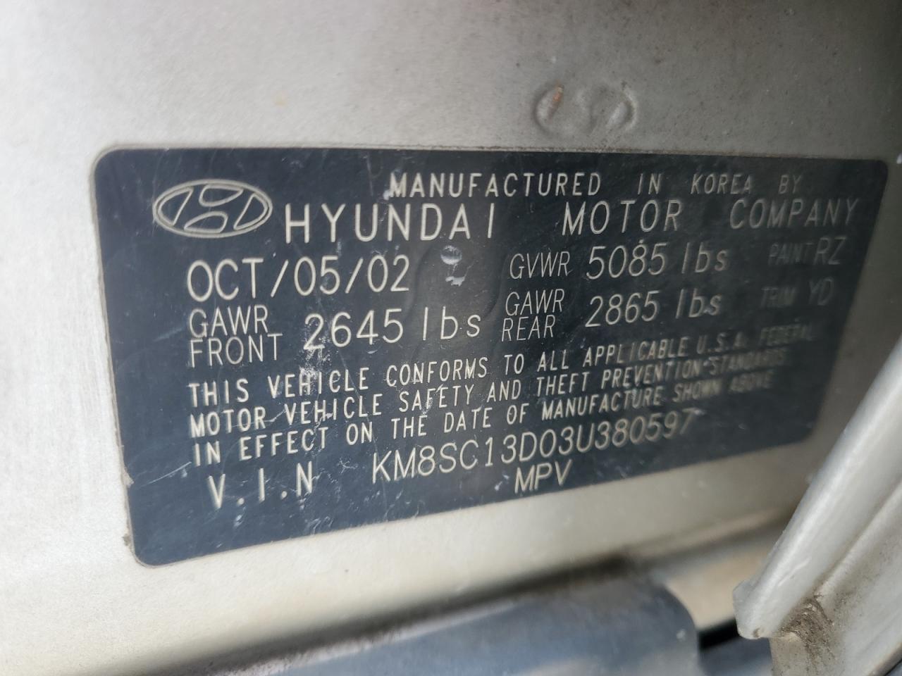 2003 Hyundai Santa Fe Gls VIN: KM8SC13D03U380597 Lot: 61028845