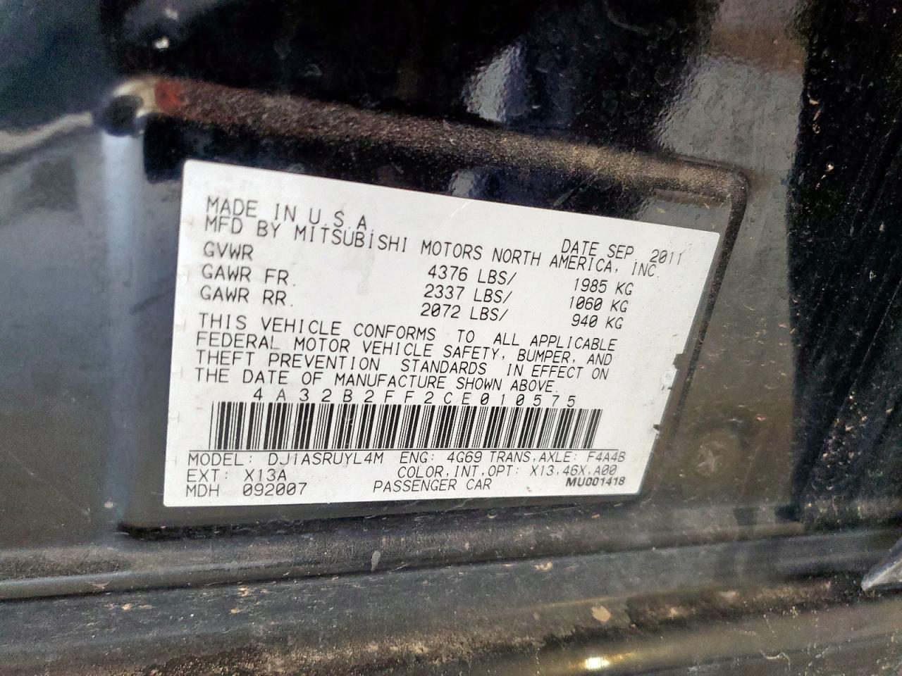 2012 Mitsubishi Galant Fe VIN: 4A32B2FF2CE010575 Lot: 59467625