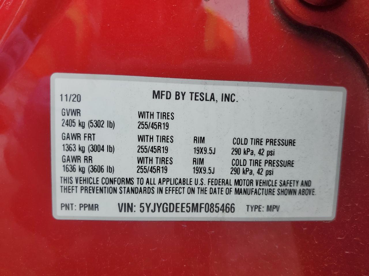 2021 Tesla Model Y VIN: 5YJYGDEE5MF085466 Lot: 55275015