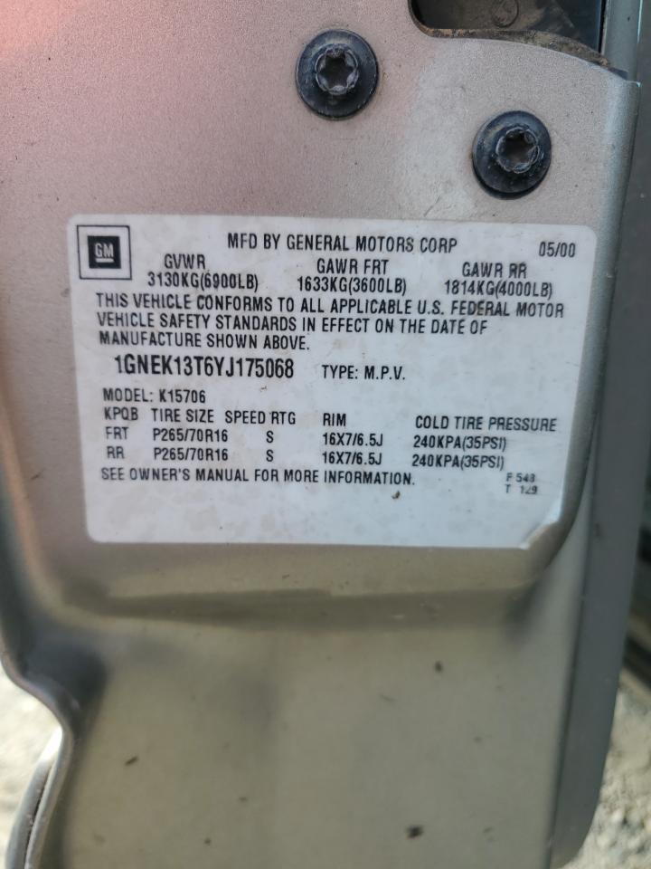 2000 Chevrolet Tahoe K1500 VIN: 1GNEK13T6YJ175068 Lot: 59894155