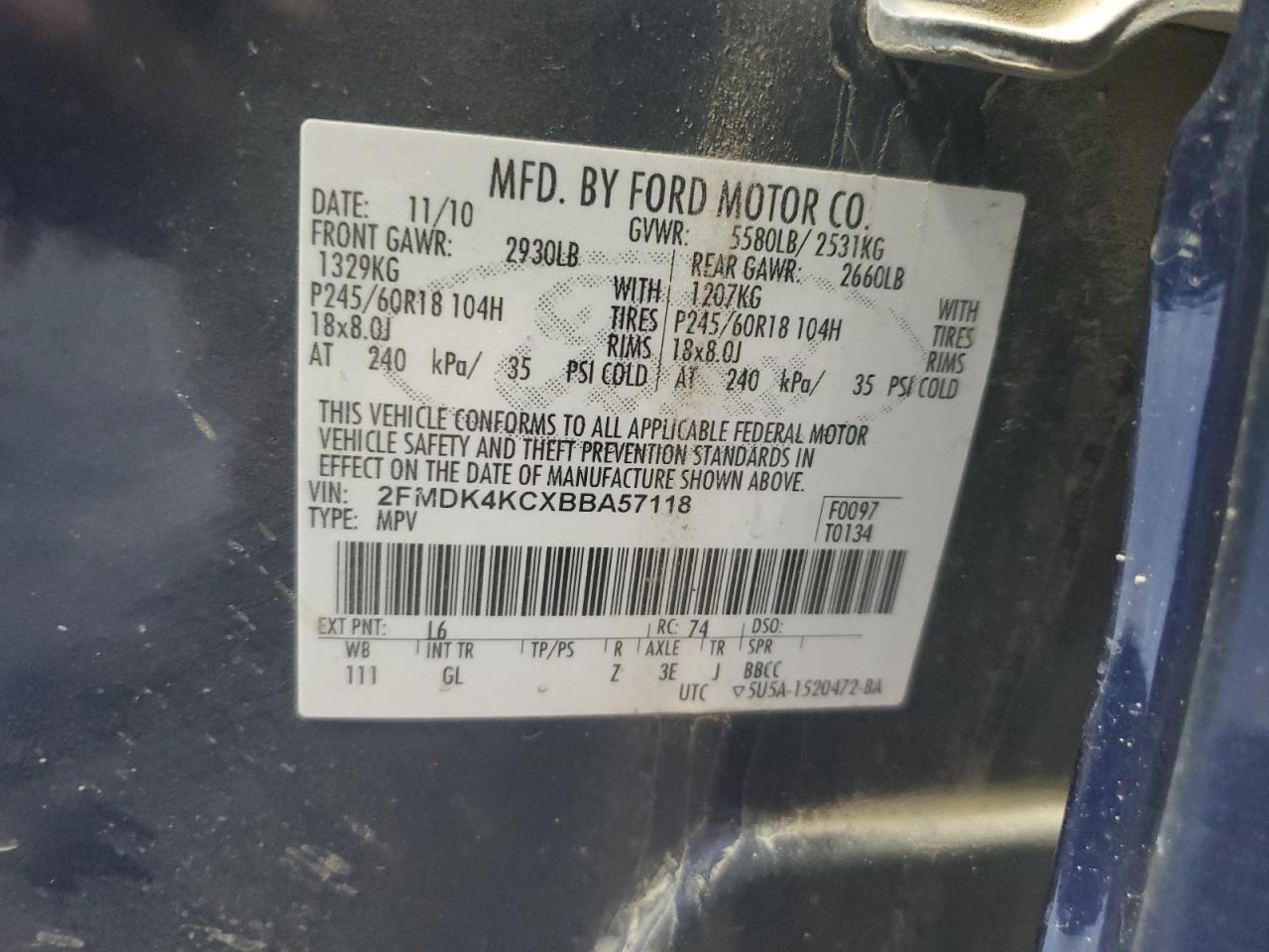 2011 Ford Edge Limited VIN: 2FMDK4KCXBBA57118 Lot: 60227265