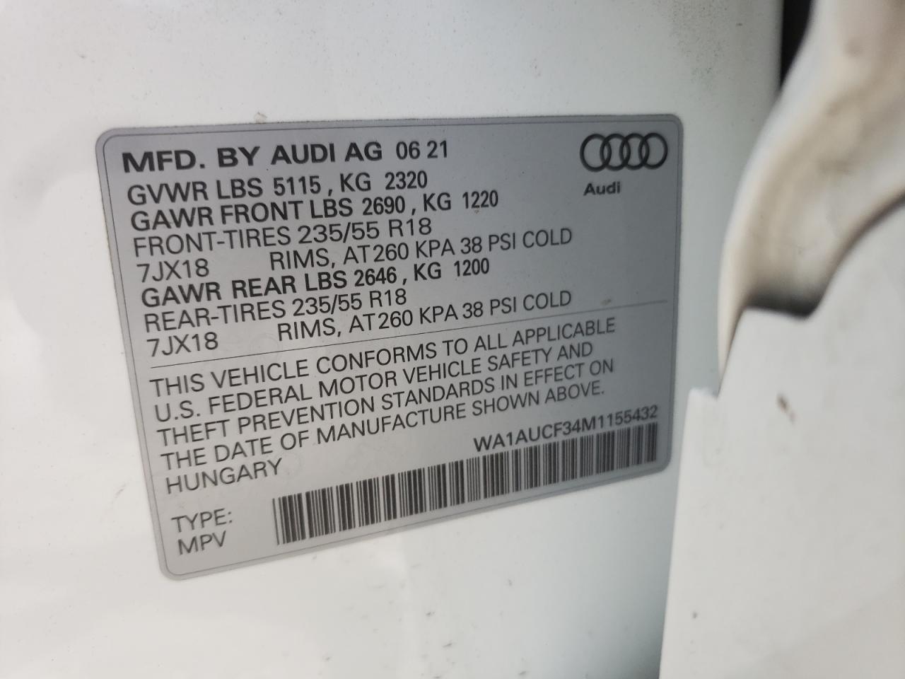 2021 Audi Q3 Premium 40 VIN: WA1AUCF34M1155432 Lot: 61790315