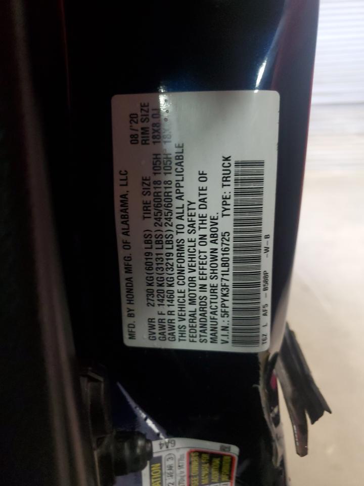 2020 Honda Ridgeline Rtl VIN: 5FPYK3F71LB016725 Lot: 60541485