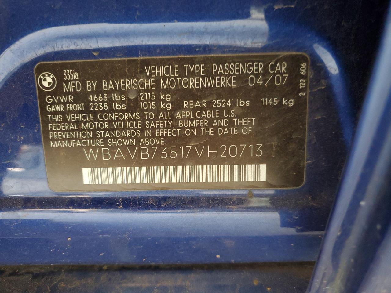 2007 BMW 335 I VIN: WBAVB73517VH20713 Lot: 59378675
