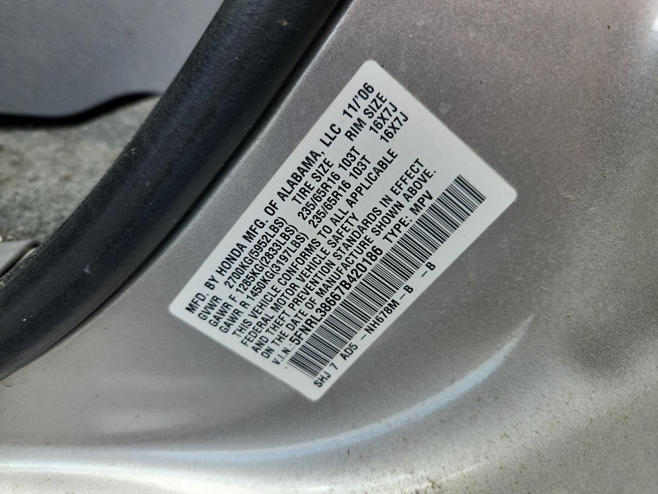 2007 Honda Odyssey Exl VIN: 5FNRL38667B420186 Lot: 62575195