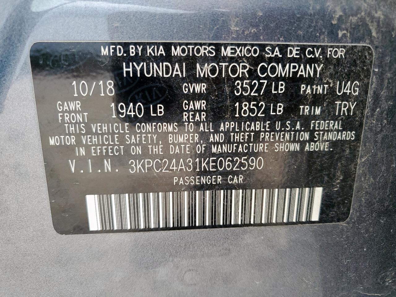 2019 Hyundai Accent Se VIN: 3KPC24A31KE062590 Lot: 59215355