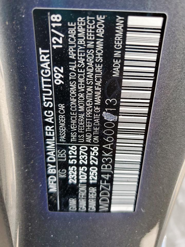 2019 Mercedes-Benz E 300 VIN: WDDZF4JB3KA600513 Lot: 59680635