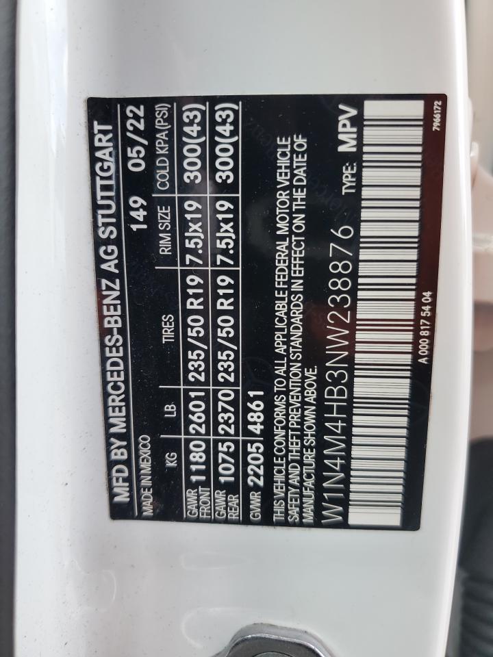 2022 Mercedes-Benz Glb 250 4Matic VIN: W1N4M4HB3NW238876 Lot: 60075545