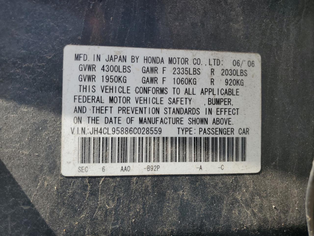 2006 Acura Tsx VIN: JH4CL95886C028559 Lot: 62425295